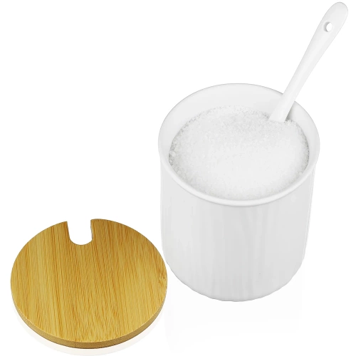 Porcelanowa cukiernica z łyżeczką | Pojemnik na cukier z bambusowym wieczkiem | XM07-85-WHITE