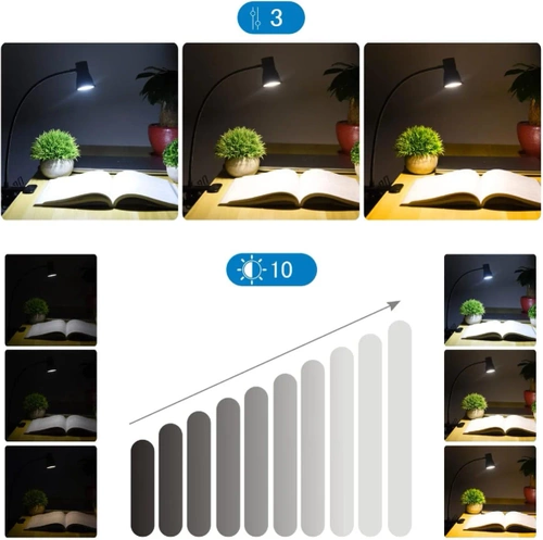 Lampka biurkowa na klips | Elastyczna lampka do czytania | Nocna lampka z możliwością zmiany barwy | Lampka LED USB | FH-08-5W-BK