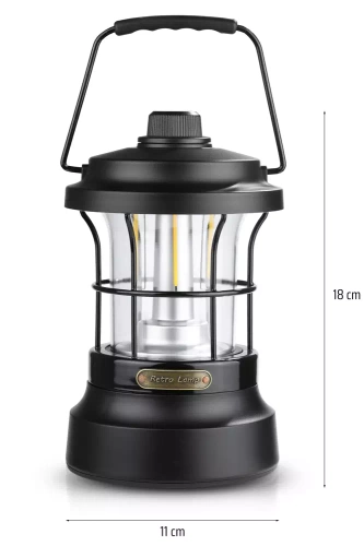 Lampka kempingowa LED w stylu retro z funkcją powerbanka | Płynna regulacja jasności i barwy | 3000mAh, 20-260lm, 5-120h, IPX6 | Czarna | MY-880