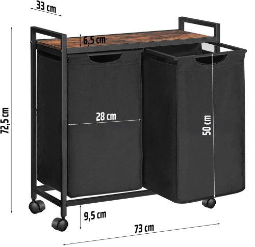 Kosz na pranie z półką | Dwukomorowy kosz na pranie | Kosz na pranie z kółkami | MZ-B20-BLACK