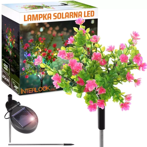 Kwiatek solarny | Ogrodowa lampa solarna LED | 65 cm, 600 mAh | FLD-31-PINK