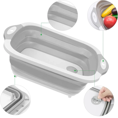 Składana miska z odpływem | Miska kempingowa | Miska z deską do krojenia | ZXS-398-GREY