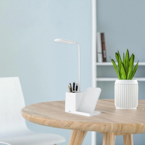 Inteligentna lampka biurkowa LED z ładowaniem bezprzewodowym Qi | Lampka biurowa 3w1 z przybornikiem i ładowarką | Nowoczesna lampka do nauki z organizerem |  MD-K5-15W