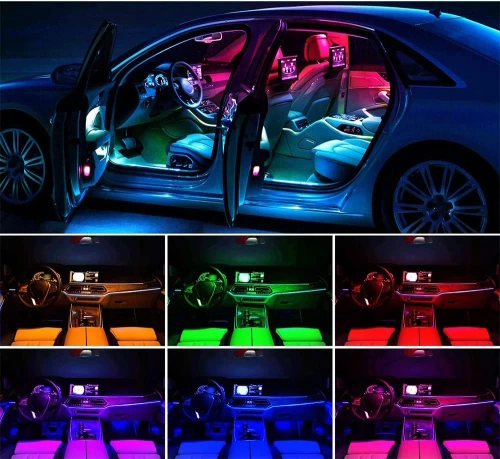 Oświetlenie LED RGB wnętrza samochodu pod USB | łączność Bluetooth z aplikacją w telefonie | 4x pasek LED 12 diod 5050 22cm | pilot IR | tryby muzyczne 