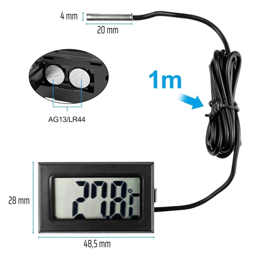 Termometr cyfrowy | Mini urządzenie pomiarowe z wodoodporną sondą | KTM-050-BLACK