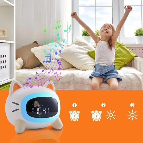 Budzik dziecięcy LED kotek | zegar z lampką nocną, animacjami i funkcją snu | SG-5-W