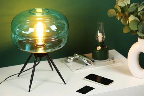 Stylowa lampka nocna z szklanym kloszem | Nowoczesna szklana lampka stołowa | BH-233-BLUE