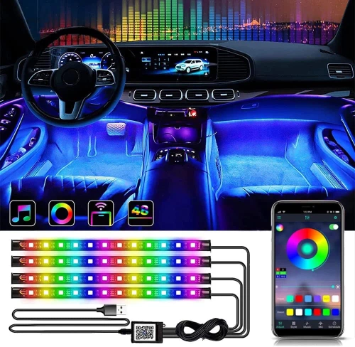 Oświetlenie LED RGB wnętrza samochodu pod USB | łączność Bluetooth z aplikacją w telefonie | 4x pasek LED 12 diod 5050 22cm | pilot IR | tryby muzyczne 