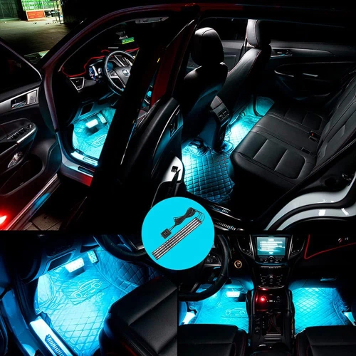Oświetlenie LED RGB wnętrza samochodu pod USB | łączność Bluetooth z aplikacją w telefonie | 4x pasek LED 12 diod 5050 22cm | pilot IR | tryby muzyczne 