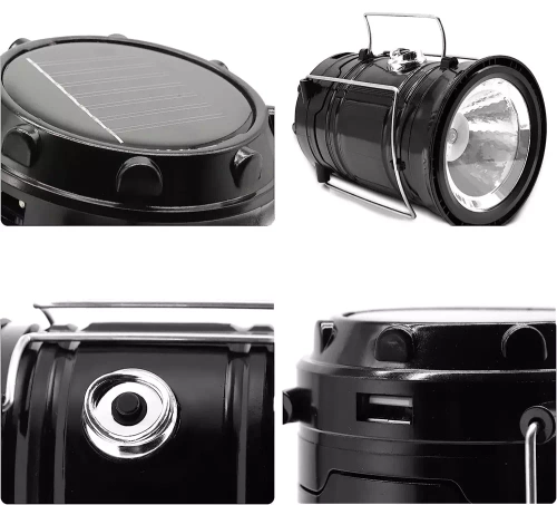 Solarna lampka kempingowa LED, turystyczna latarka z funkcją powerbank | Czarna | HWL-001-EU
