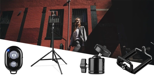Statyw 210 cm z pilotem Bluetooth i uchwytem na telefon |  Zestaw  głowica 360° do zdjęć, nagrań i live streamingu | 