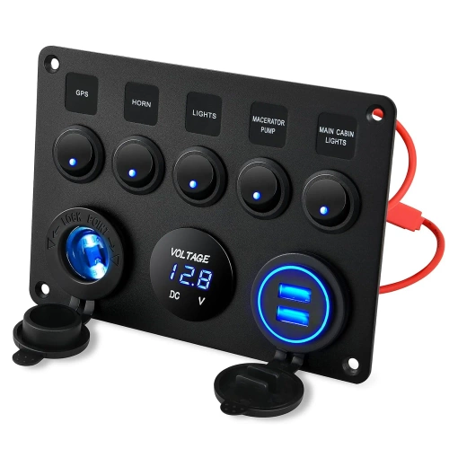Panel sterujący 12V 24V IP65 z USB | Panel sterowania z podświetlanymi przełącznikami | Podwójna ładowarka USB 2.1 A / 5 V | Gniazdo zapalniczki 12V 