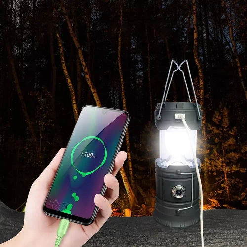 Solarna lampka kempingowa LED, turystyczna latarka z funkcją powerbank | Czarna | HWL-001-EU