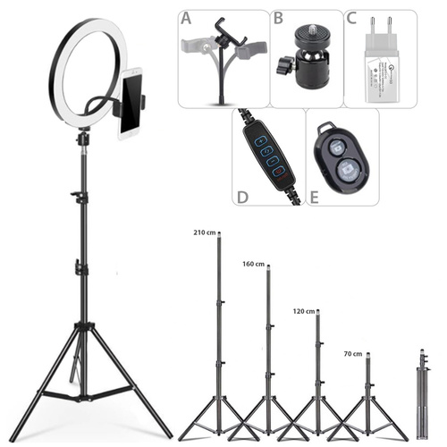 4w1 | Lampa pierścieniowa 260 mm | Statyw regulowany 210 cm | Ładowarka sieciowa WA-001 | Pilot Bluetooth iOS / Android | SENY 260T
