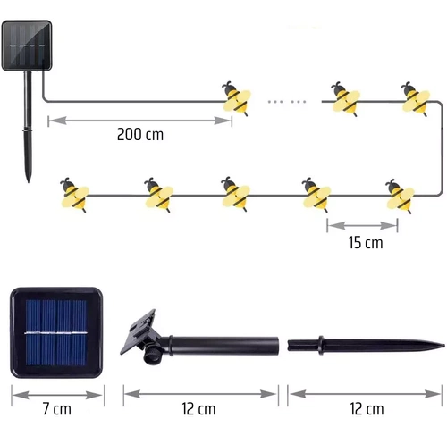 Girlanda solarna LED Pszczoły 20 LED lampa ogrodowa wbijana 5m | BEE-20LED-5M