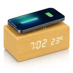 Drewniany zegar cyfrowy LED z ładowarką indukcyjną 10W |  Budzik z 3 alarmami oraz termometrem | SXM-017