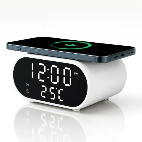 Inteligentny budzik z ładowarką bezprzewodową Qi 15W | Budzik z trzema alarmami | Zegarek z wyświetlaczem temperatury | SZ06-15W-W