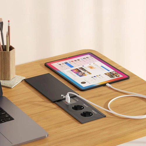 Gniazdo blatowe wpuszczane z przesuwną pokrywą | podwójne gniazdo zasilające z ładowarką USB PD | czarny | JX-S328-BLACK