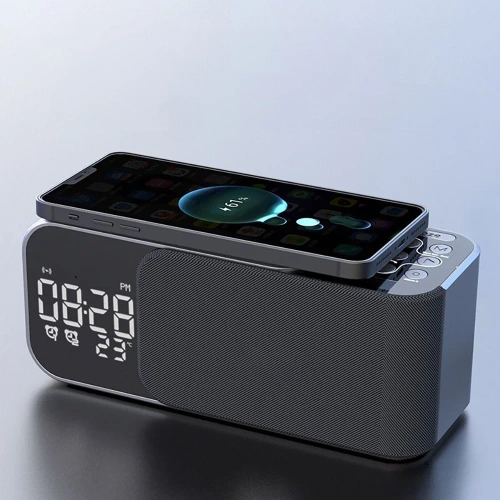 Radio FM z budzikiem i ładowarką bezprzewodową | Wielofunkcyjny głośnik z Bluetooth i ładowarką indukcyjną | WD-500-BK