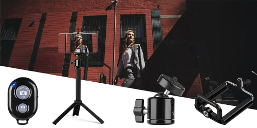 Mobilny zestaw fotograficzny ze statywem 25 cm i pilotem Bluetooth | Uchwyt na telefon, głowica 360° do zdjęć i nagrań |