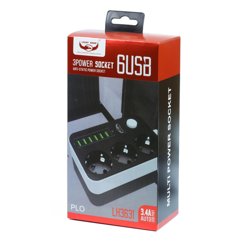Antyprzepięciowa listwa zasilająca 2M | 3 gniazda 230V i 6 gniazd USB 5V | przedłużacz 2M | CX-U613