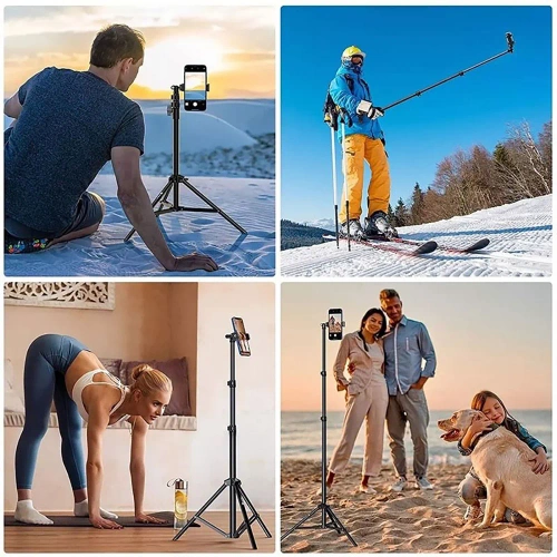 Statyw 210 cm z pilotem Bluetooth i uchwytem na telefon |  Zestaw  głowica 360° do zdjęć, nagrań i live streamingu | 