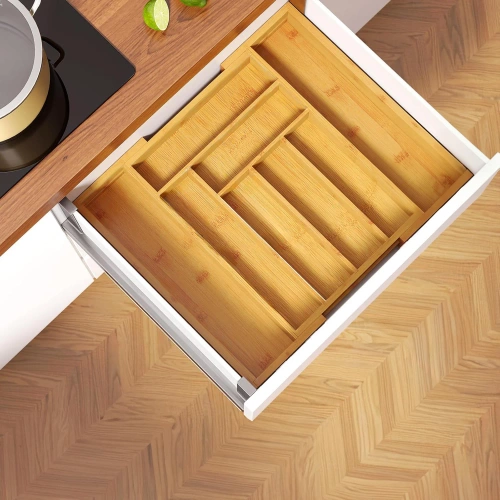 Organizer na sztućce | Bambusowy, regulowany wkład XL do szuflady z 8 przegródkami | KBT-G844