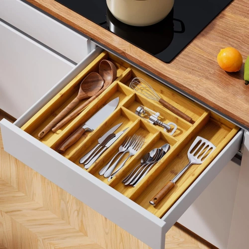 Organizer na sztućce | Bambusowy, regulowany wkład XL do szuflady z 8 przegródkami | KBT-G844