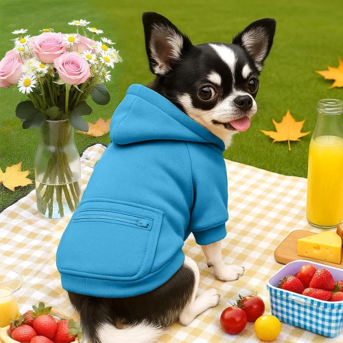 Bluza z kapturem dla psa i kota S niebieska | Ciepłe ubranko dla pupila na jesień i zimę  z kieszenią | PET-015S-BL
