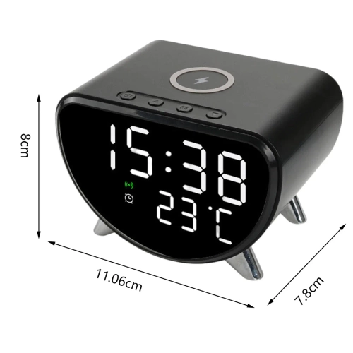 Inteligentny budzik LED z ładowarką Qi 15W, termometrem i 3 alarmami  | Zegarek USB do sypialni  | SZ07-15W-BR