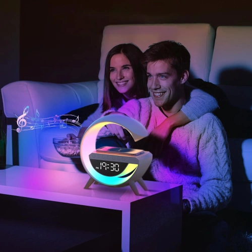 Budzik LED z ładowarką bezprzewodową, głośnikiem Bluetooth i lampką nocną RGB – zegar multifunkcyjny BT3401