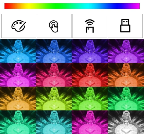 Kryształowa lampka nocna | Lampka sterowana dotykiem lub za pomocą pilota | Nowoczesna lampka LED, z możliwością zmiany kolorów. | DTL-C16-RGB