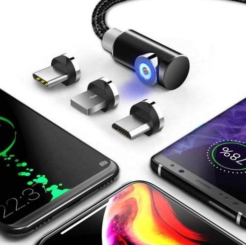 3w1 2M | Kątowy kabel magnetyczny | 3 końcówki - Micro, Type-C i Lightning | Quick Charge 3.0 | AM51