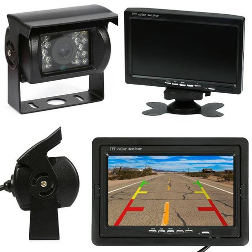 2w1 Zestaw 12/24V - kamera cofania 18IR 12-24V z monitorem 7" LCD TFT z pilotem + Kabel AV RCA 10m | PZ607 PZ470