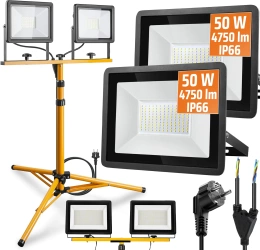 Zestaw oświetleniowy 100W 9500lm 3 w 1 | 2x naświetlacz halogen 50W ze statywem roboczym 1.6m i przewodem 3m