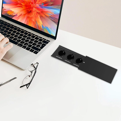 Gniazdo blatowe wpuszczane z przesuwną pokrywą | podwójne gniazdo sieciowe z ładowarką USB PD | czarny | JX-S329-BLACK