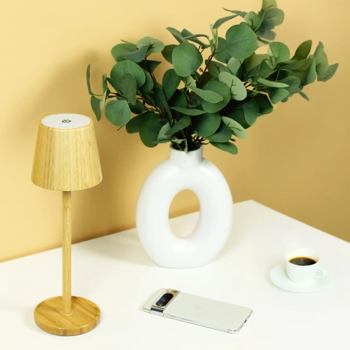 Bambusowa lampka stołowa LED  z dotykową regulacją barwy | Bezprzewodowa lampka nocna w wbudowanym akumulatorem 1500 mAh, USB-C | YG-VM41C