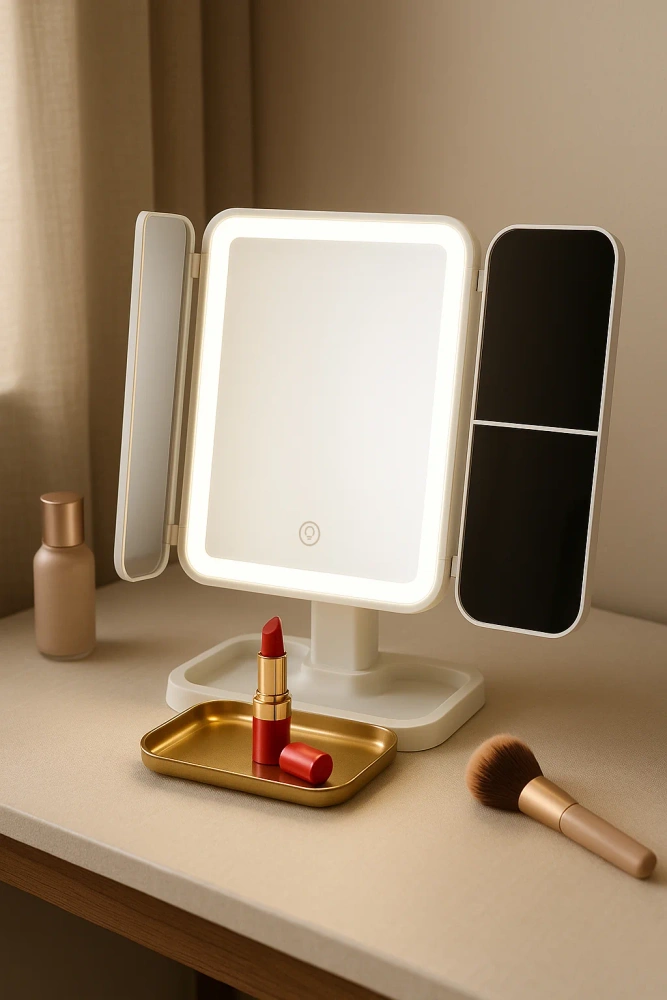 Бяло огледало, поставено на бежов плот до козметика