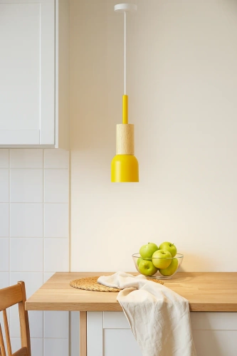 Lampa wisząca żółta z drewnianym elementem | Minimalistyczna  lampa w stylu skandynawskim z oprawą sufitowa E27 do salonu, sypialni | YG-XD002C-Y