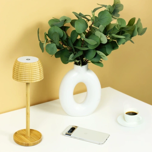 Bambusowa lampka stołowa LED  z dotykową regulacją barwy | Bezprzewodowa lampka nocna w wbudowanym akumulatorem 1500 mAh, USB-C | YG-VM41B