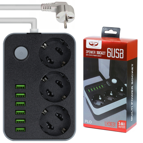 Antyprzepięciowa listwa zasilająca 2M | 3 gniazda 230V i 6 gniazd USB 5V | przedłużacz 2M | CX-U613