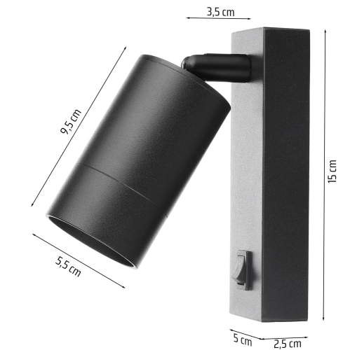 Czarna lampa ścienna | Kinkiet z ruchomym reflektorem | Reflektor z gwintem GU10 | Lampka nocna z włącznikiem | BD-C278-Black