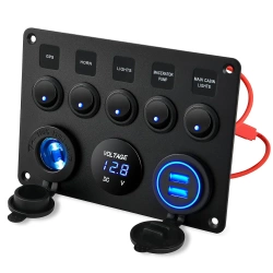 Panel sterujący 12V 24V IP65 z USB | Panel sterowania z podświetlanymi przełącznikami | Podwójna ładowarka USB 2.1 A / 5 V | Gniazdo zapalniczki 12V 
