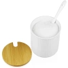 Porcelanowa cukiernica z łyżeczką | Pojemnik na cukier z bambusowym wieczkiem | XM07-85-WHITE