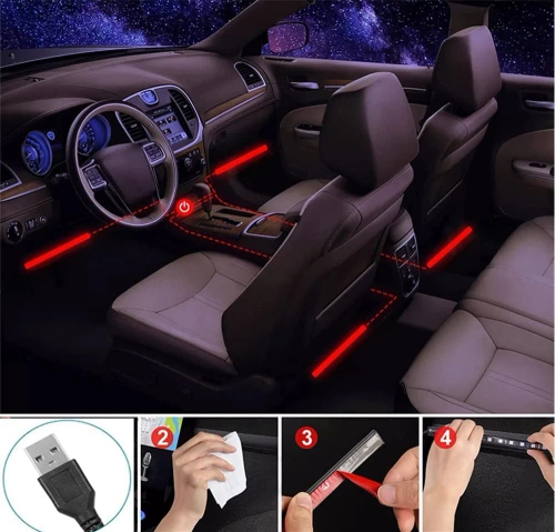 Oświetlenie LED RGB wnętrza samochodu pod USB | łączność Bluetooth z aplikacją w telefonie | 4x pasek LED 12 diod 5050 22cm | pilot IR | tryby muzyczne 