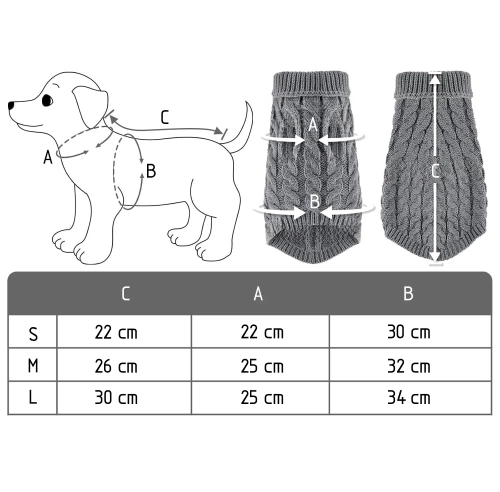 Miękki, elastyczny sweterek dla psa, kota M | Ciepły sweter z golfem na zimę | PET-014M-GREY
