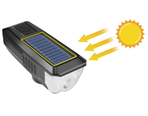  Solarna lampka rowerowa z mocnym LED 350 lm, klaksonem 120 dB i ładowaniem USB/solarnym | Oświetlenie rowerowe z klaksonem  | QX-LY-17