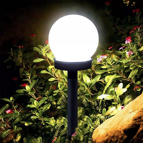 Ogrodowa lampa solarna biała kula | wbijana, gruntowa | 10cm | YNG-105-WC
