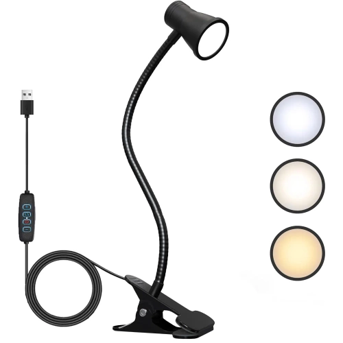 Lampka biurkowa na klips | Elastyczna lampka do czytania | Nocna lampka z możliwością zmiany barwy | Lampka LED USB | FH-08-5W-BK