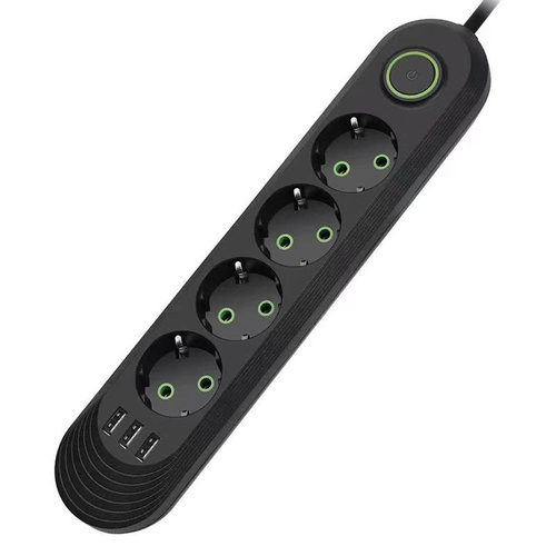 Listwa sieciowa 3 m | 4 gniazda + 3x USB | czarna | LH-F04U